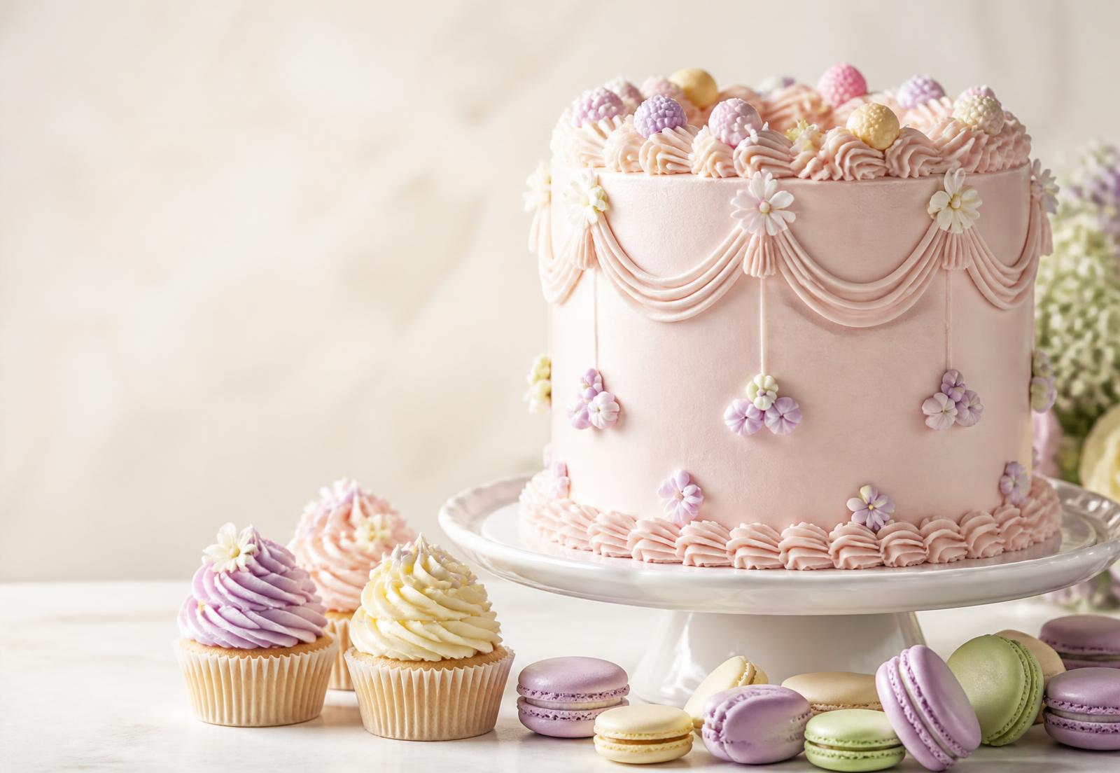 Pastel celebration cake with cupcakes and colourful macarons